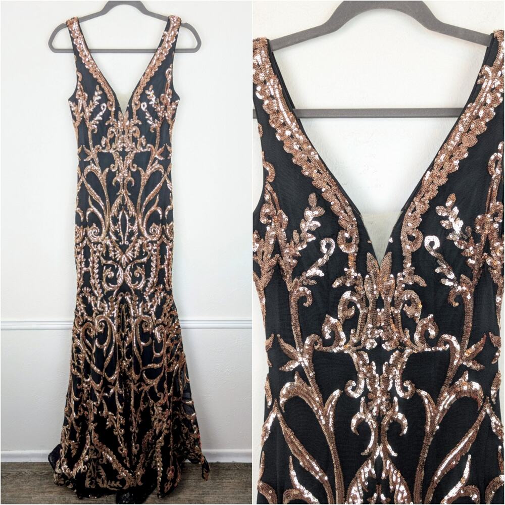 Cecilia Couture Gown Mermaid Dress Prom Sequins Pattern Black Gold Glam Size 4